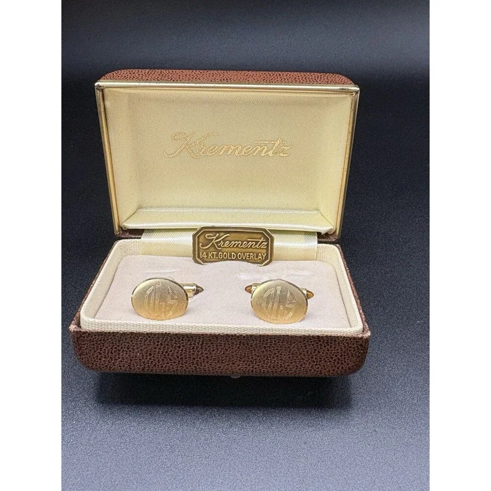 Vintage Krementz 14K Gold Overlay Cufflinks Monogram OGS w/ Original Case Set